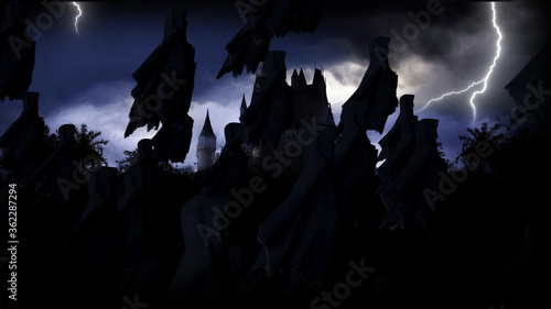Mystery dark castle with ghosts. Fear. 3d rendering.