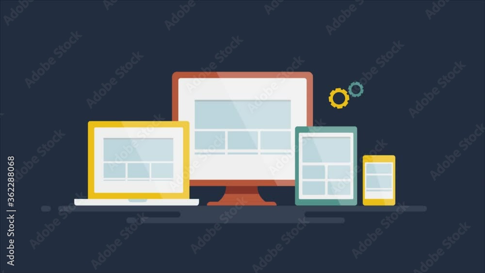 Responsive business website displaying on electronic devices, responsive web design technology for laptop, desktop, tablet, mobile concept. 2d animation, 4k video clip.