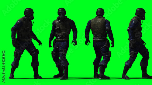 Military soldier isolate on green screen. 3d rendering.