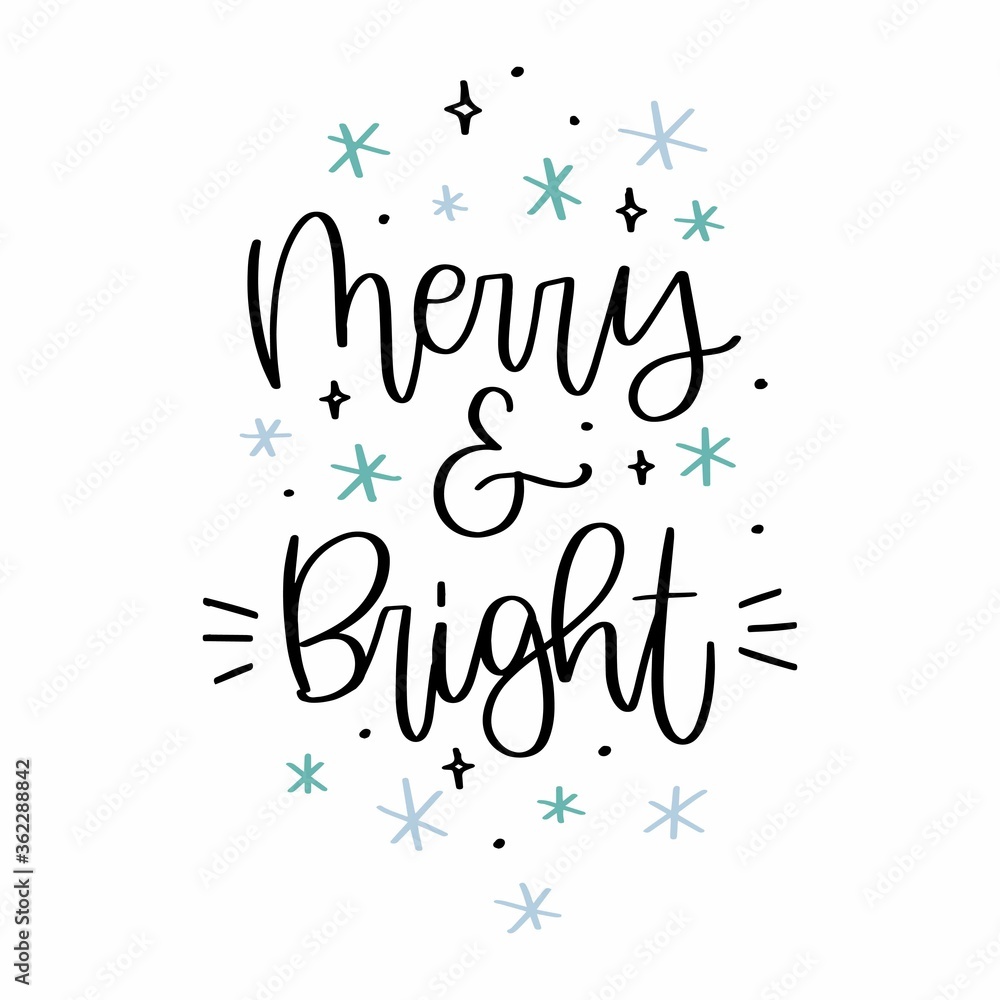 Merry and bright Christmas quote vector design with mint and blue snowflakes. Handwritten modern calligraphy phrase for a christian winter holiday gift tag, card or wall art print.
