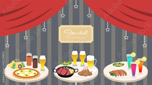 お酒と料理が並ぶシックなビアホールイメージ【フレーム文字入り】
