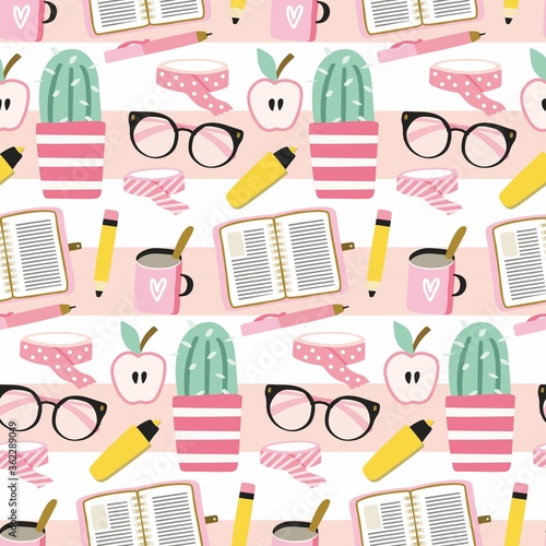 Planner, office writing supplies and succulent girly seamless pattern. Back to school modern print with glasses, apple, text highlighter and washi tape clipart arranged as repeat design.