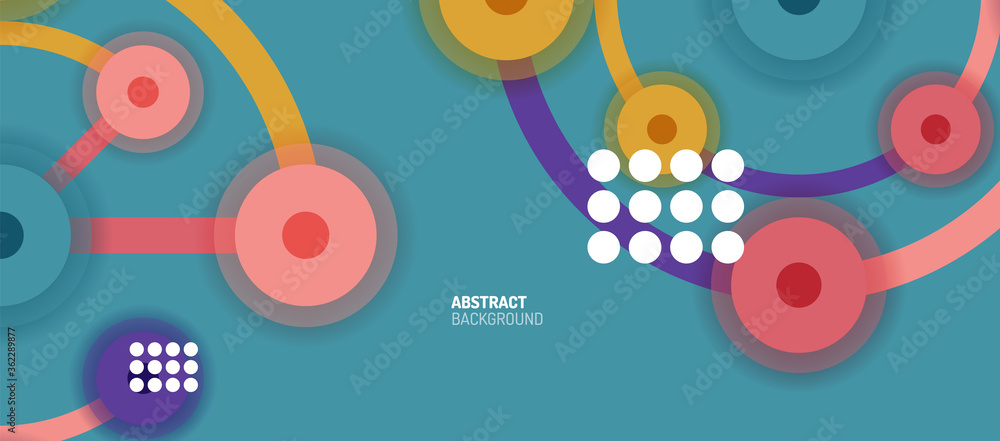 Flat style geometric abstract background, round dots or circle connections on color background. Technology network concept.