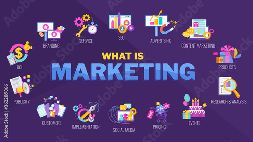 What is marketing icons. Marketing mix infographic flat vector illustration. photo