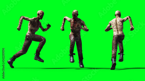 Zombie green screen isolate. Realistic 3d rendering.