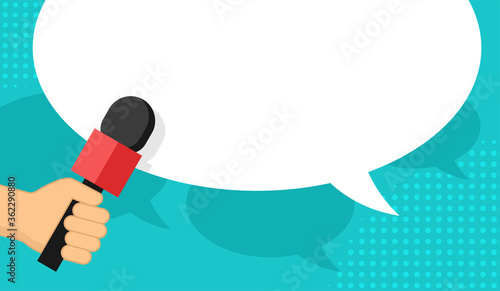 TV report or media interview - hand holding microphone and dialog box on bright background - vector template for breaking news headline, banner or poster