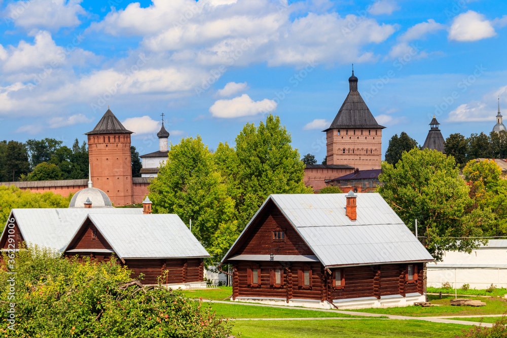 View of Monastery of Saint Euthymius and wooden houses in Suzdal, Russia. Suzdal cityscape