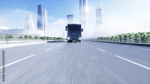 3d model of passenger bus very fast driving on the highway. Futuristic city background. 3d rendering.