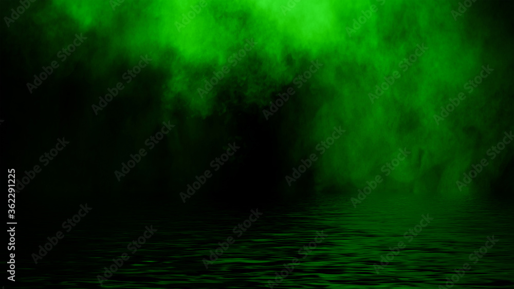Mystic green fog on coastal. Paranormal smoke on black background. Stock illustration. Reflection on water.