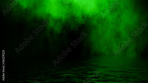 Mystic green fog on coastal. Paranormal smoke on black background. Stock illustration. Reflection on water.