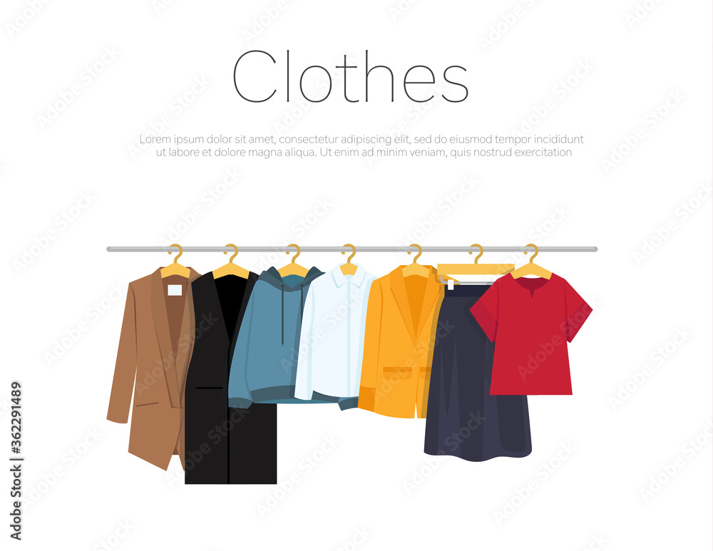 Men's and woman's clothes on hangers, vector illustration Men's and woman's clothes on hangers, vector illustration