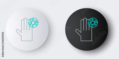 Line Hand with virus icon isolated on grey background. Corona virus 2019-nCoV. Bacteria and germs, cell cancer, microbe, fungi. Colorful outline concept. Vector.