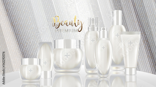Beauty product ad design, white cosmetic containers with white glitter background ready to use, luxury skin care banner, illustration vector.
