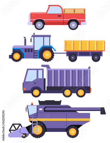 Set of agricultural vehicles and farm machinery