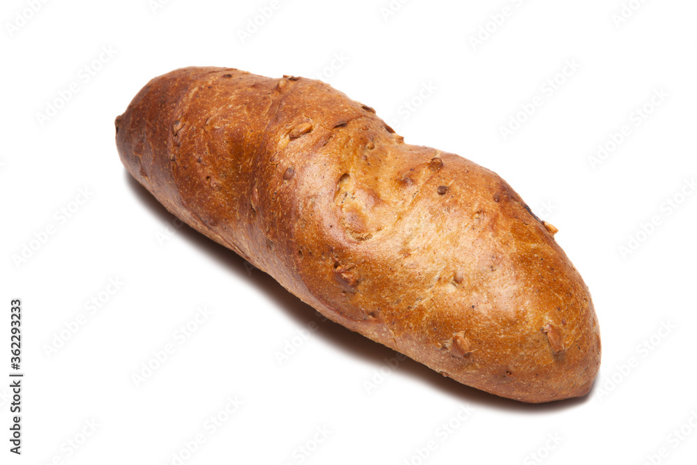 Loaf of sunflower bread with seeds on crust isolated on white Loaf of sunflower bread with seeds on crust isolated on white