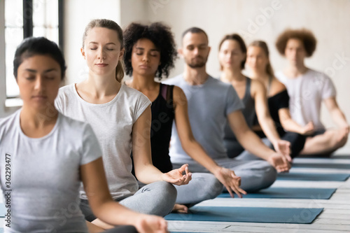 Motivated calm mindful young mixed race people in active wear sitting on floor mat in row, involved in deep meditation with closed eyes in padmasana lotus open hips position and mudra fingers sign.