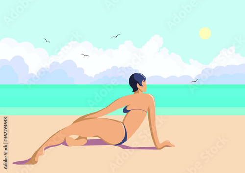 Vector illustration : summer sea landscapewith hot sun and flying birds and young tanned woman wearing swim suit. Design for card, poster, touristic flyer.
