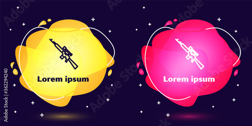 Set line Sniper rifle with scope icon isolated on blue background. Abstract banner with liquid shapes. Vector Illustration