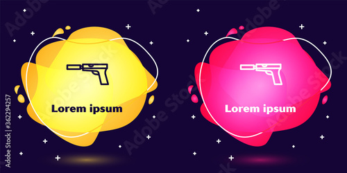 Set line Pistol or gun with silencer icon isolated on blue background. Abstract banner with liquid shapes. Vector Illustration