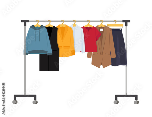 Men's and woman's clothes on hangers, vector illustration