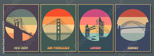 Most Famouse Bridges Poster Set. Golden Gate, Harbour Bridge, Brooklyn Bridge, Tower Bridge Vintage Style Colors photo