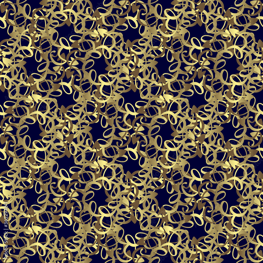 Seamless abstract pattern with golden elements on a blue background, modern concepts for your design.
