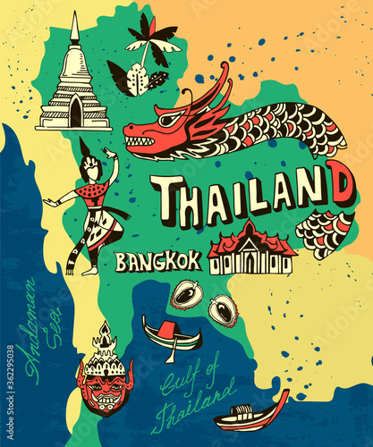 Illustrated map of Thailand. Attractions and national features of the country