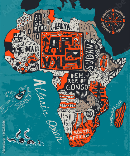Illustrated map of Africa. Decorative ornamental poster with African patterns