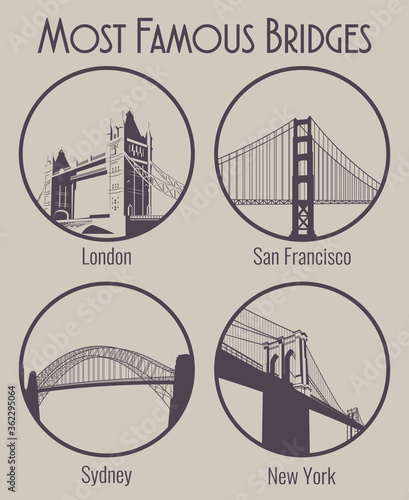 Most Famous Bridges, Brooklyn Bridge, Tower Bridge, Harbour Bridge, Golden Gate Logos, Emblems, Labels