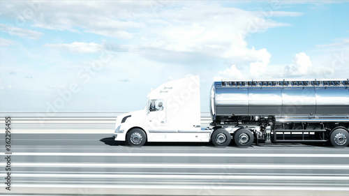 3d model of gasoline tanker, trailer, truck on highway. Very fast driving. 3d rendering.