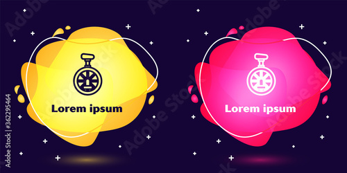 Set line Unicycle or one wheel bicycle icon isolated on blue background. Monowheel bicycle. Abstract banner with liquid shapes. Vector Illustration