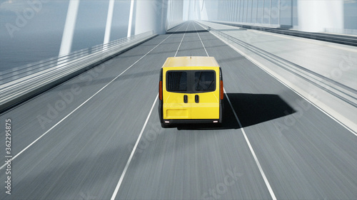 3d model of delivery car on the bridge. Very fast driving. 3d rendering.