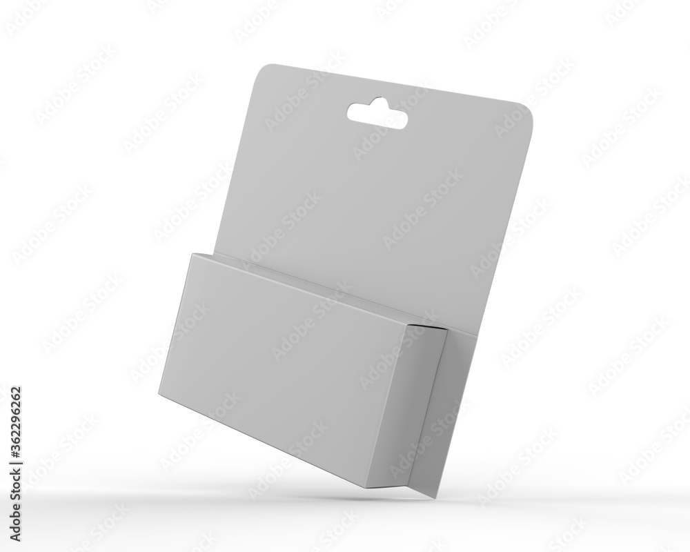 Hanging white blank cardboard packaging box with hang tab retail box for mock up design and design presentation. 3d render illustration. Hanging white blank cardboard packaging box with hang tab retail box for mock up design and design presentation. 3d render illustration.