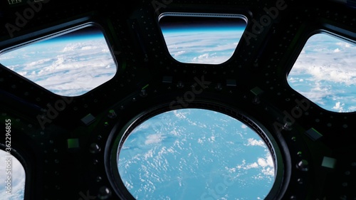 Fototapeta Naklejka Na Ścianę i Meble -  View from Cockpit International Space Station through porthole nearby of planet Earth. Concept of exploration and research, rocket launching. 