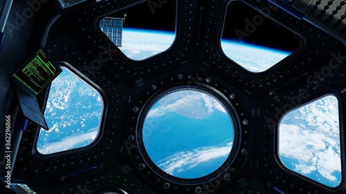 Fototapeta Naklejka Na Ścianę i Meble -  View from Cockpit International Space Station through porthole nearby of planet Earth. Concept of exploration and research, rocket launching. 
