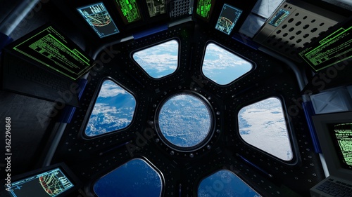 Fototapeta Naklejka Na Ścianę i Meble -  View from Cockpit International Space Station through porthole nearby of planet Earth. Concept of exploration and research, rocket launching. 