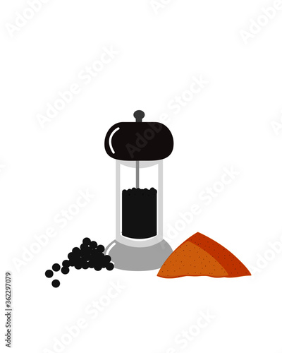 Black peppercorn and tumeric powder isolated on white background. Icon vector illustration. photo