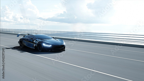 3d model of black futuristic car on the bridge. Very fast driving. Concept of future. 3d rendering. © 3D motion