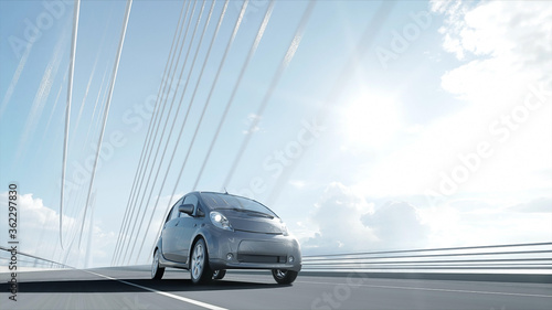 3d model of electric car on the bridge, very fast driving. Ecology concept. 3d rendering. © 3D motion