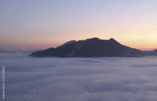 Beautiful landscape in the mountains at sunrise, Traveling concept background.Chiang Khan Loei, Thailand.