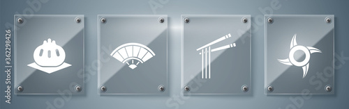 Set Japanese ninja shuriken, Asian noodles and chopsticks, Paper chinese or japanese folding fan and Khinkali on cutting board. Square glass panels. Vector