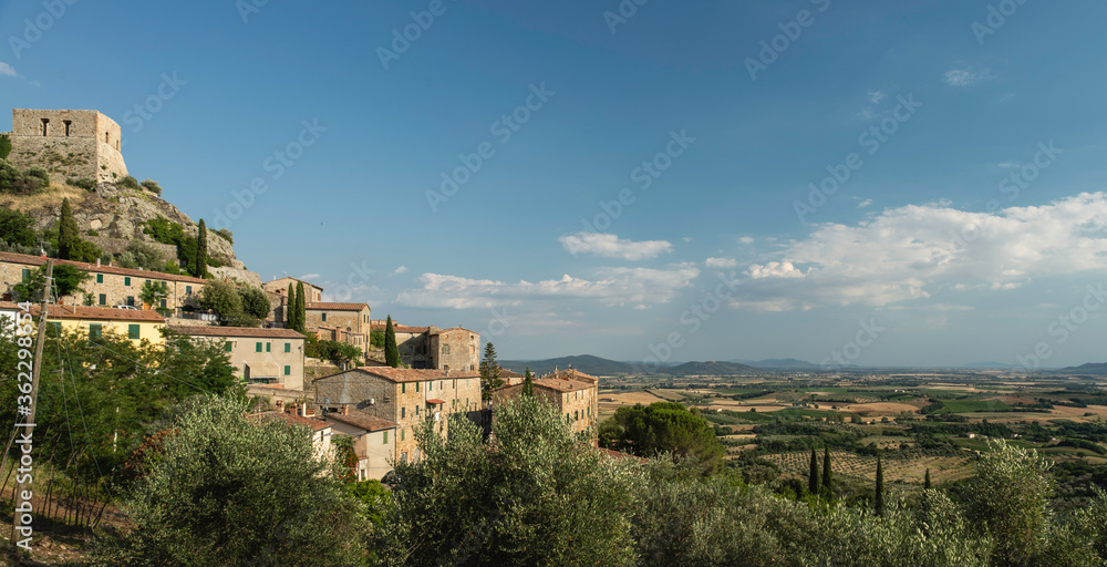 Beautiful view of Montemassi, a medieval town in Tuscany, Italy in a sunny day.