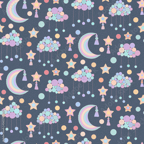 Cute, seamless pattern with a clouds, stars and moon in pastel color. Illustration for children design, Wallpaper, textiles, fabric, packaging paper. Vector