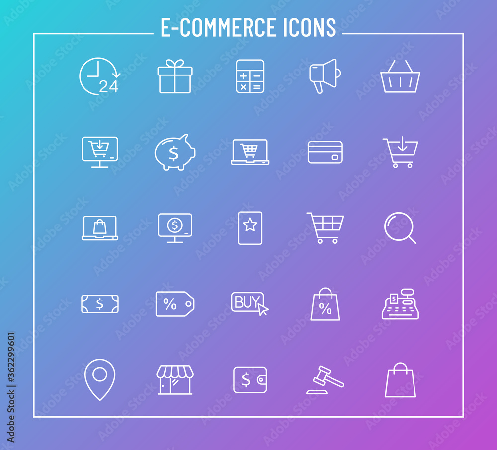 e commerce outline vector icons on color gradient background. e commerce icon set for web design and user interface design, mobile apps and print products