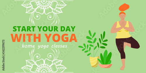 Banner for web page template. Meditation and yoga classes online advertising. Redhead girl is doing tree asana position and mehendi patterns for design. Stock vector flat illustration.