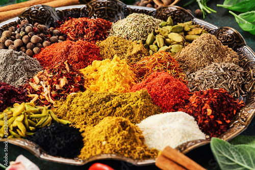 Various spice and dried herbs.