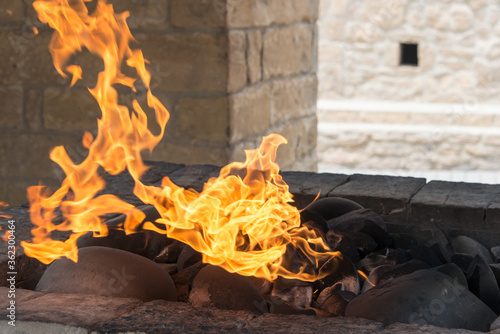 Fire burning at Ateshgah Fire Temple. a famous historic site on the Silk Road, Baku, Azerbaijan. photo