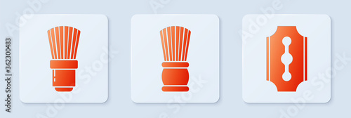 Set Shaving brush, Shaving brush and Blade razor. White square button. Vector