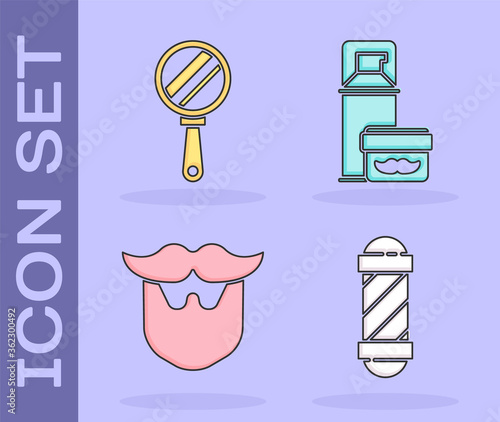 Set Classic Barber shop pole, Hand mirror, Mustache and beard and Shaving gel foam icon. Vector