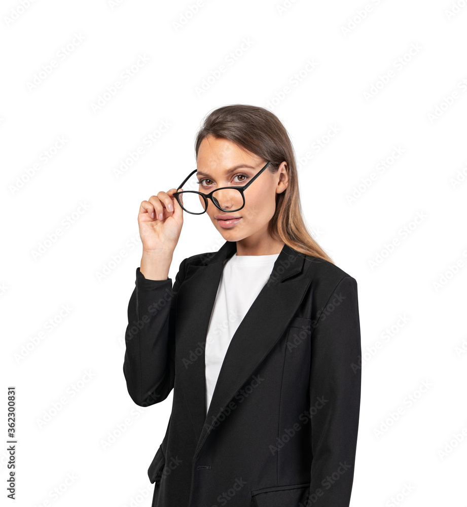 Businesswoman taking off glasses, isolated Businesswoman taking off glasses, isolated